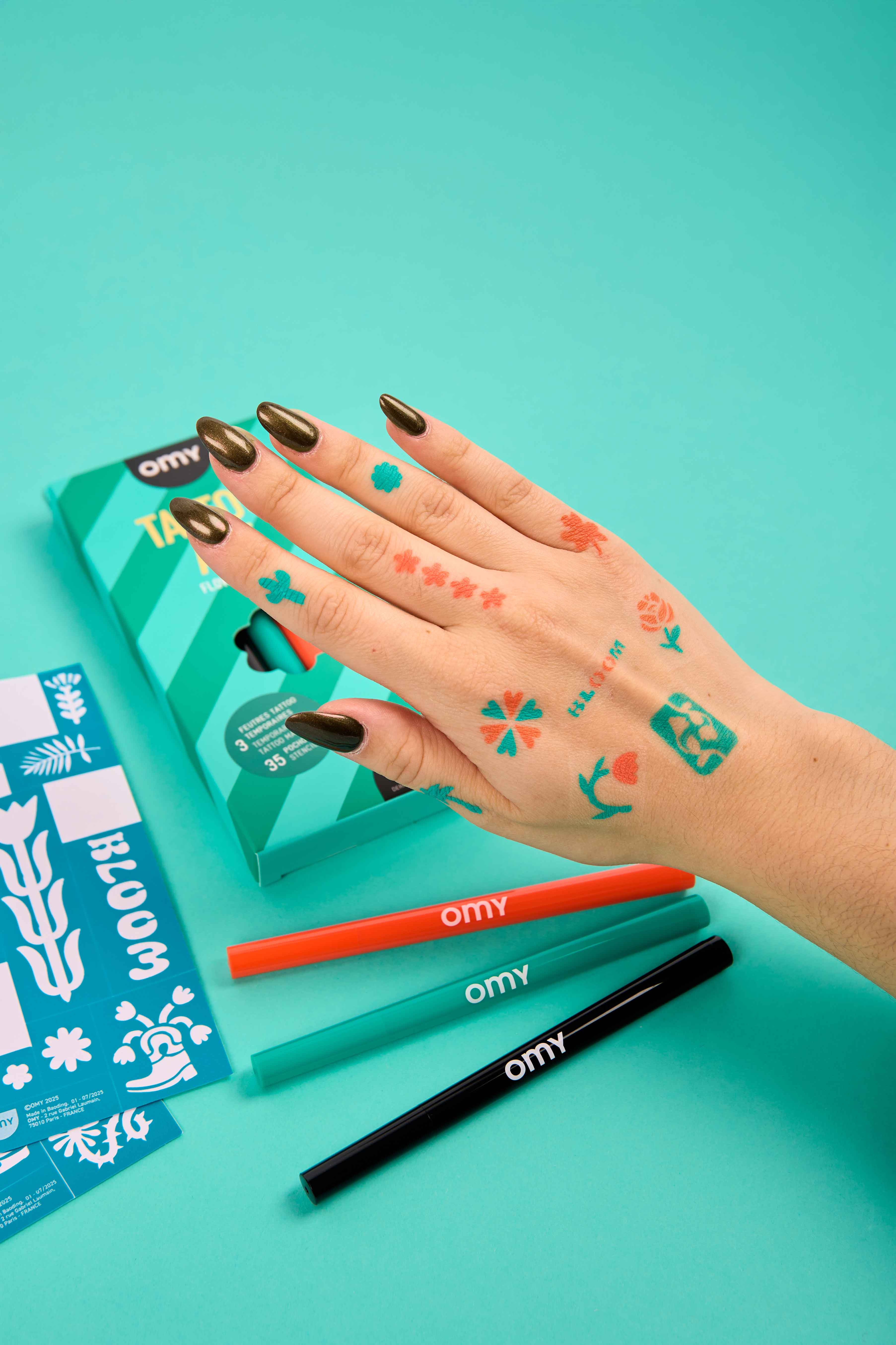 Omy Tattoo Art Flower Power - 3 Tattoo Markers - 35 Stencils - Body Art