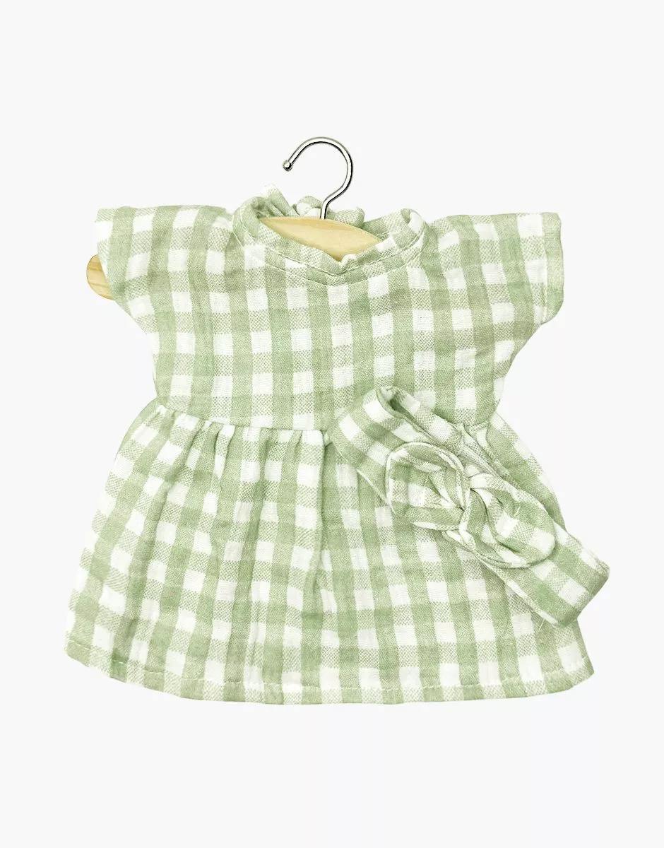 Minikane Babypop Kleertjes - Kleedje Faustine & Haarband Geruit Wit-Groen 28 cm