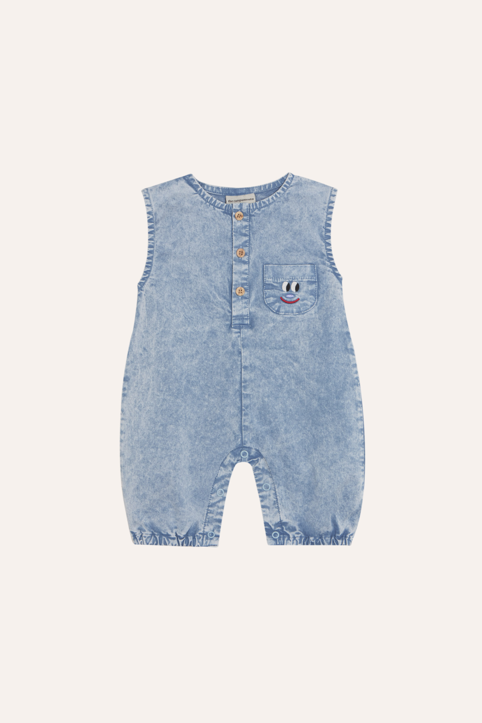 The Campamento Baby Romper Smiling Face Light Blue