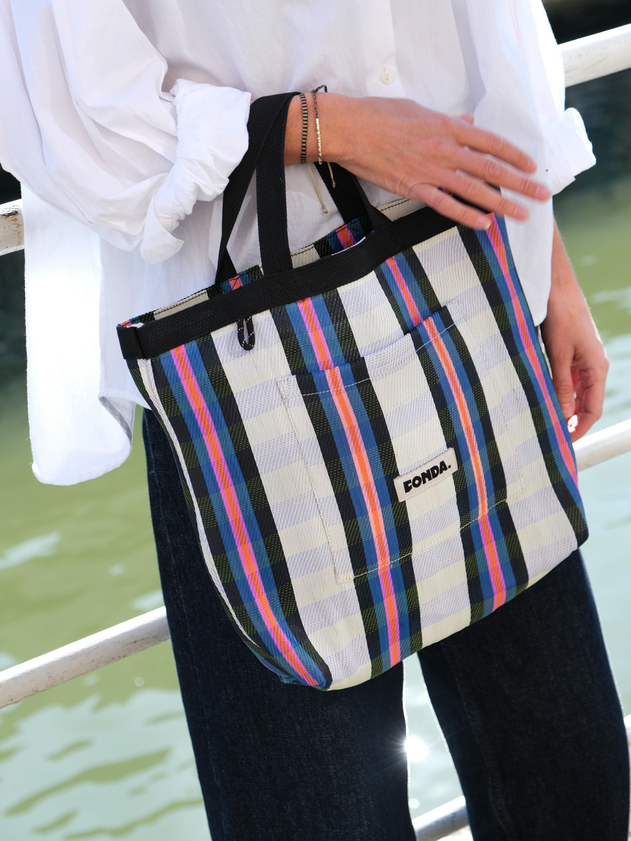 Fonda Lunchtas Gestreept Zwart-Blauw-Roze