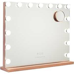 Flamingueo Spiegel Kim Rose Gold met 15 Hollywood LED Lights - 58x46x12 cm - 3 Lichtstanden - Touch Knoppen - met USB-uitgang