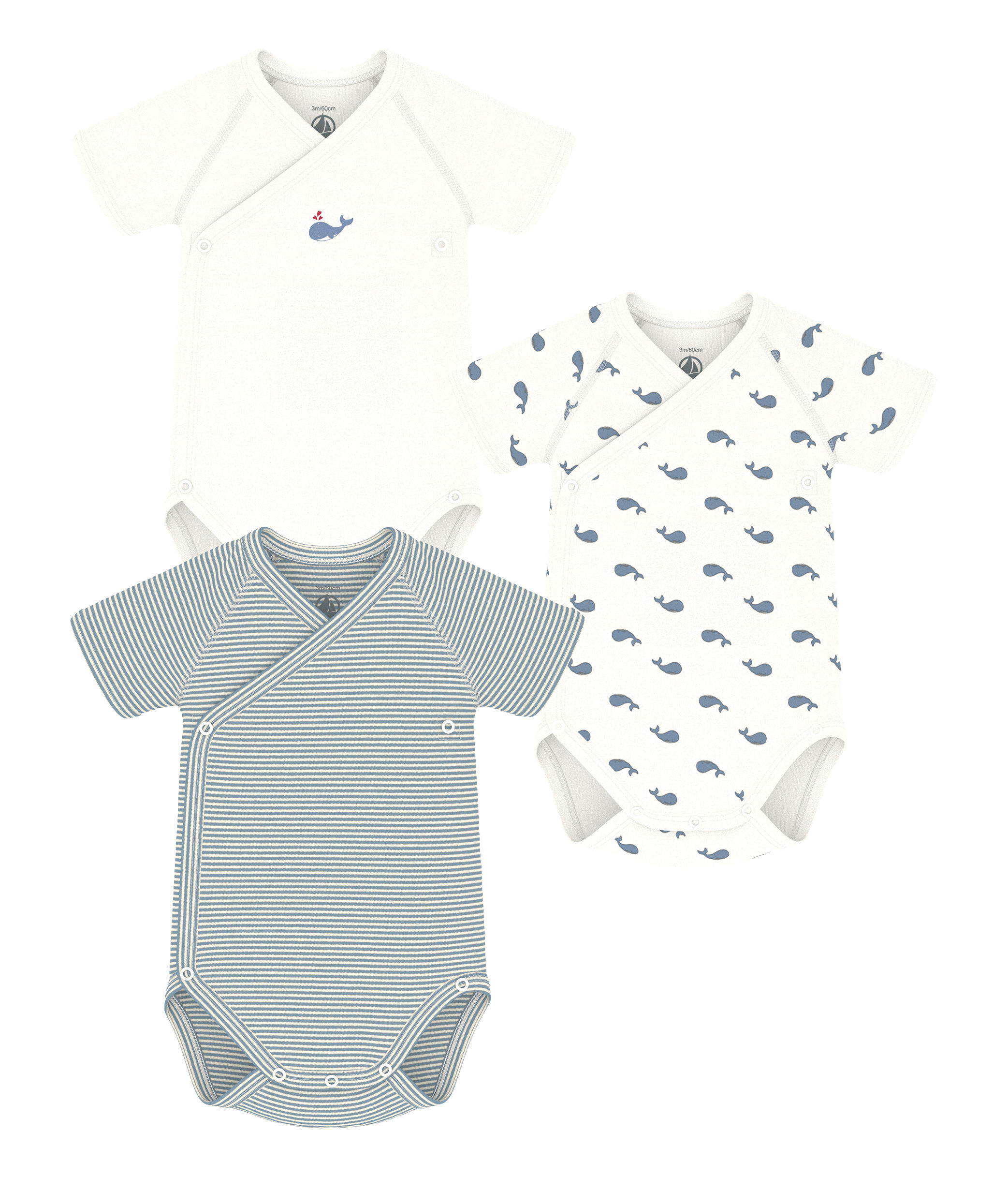 Petit Bateau Body Km Unisex Gestreept-Print-Blanco Grijs-Wit 3 stuks