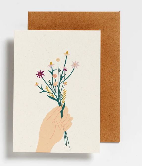 Hello August Wenskaart Hand With Flowers