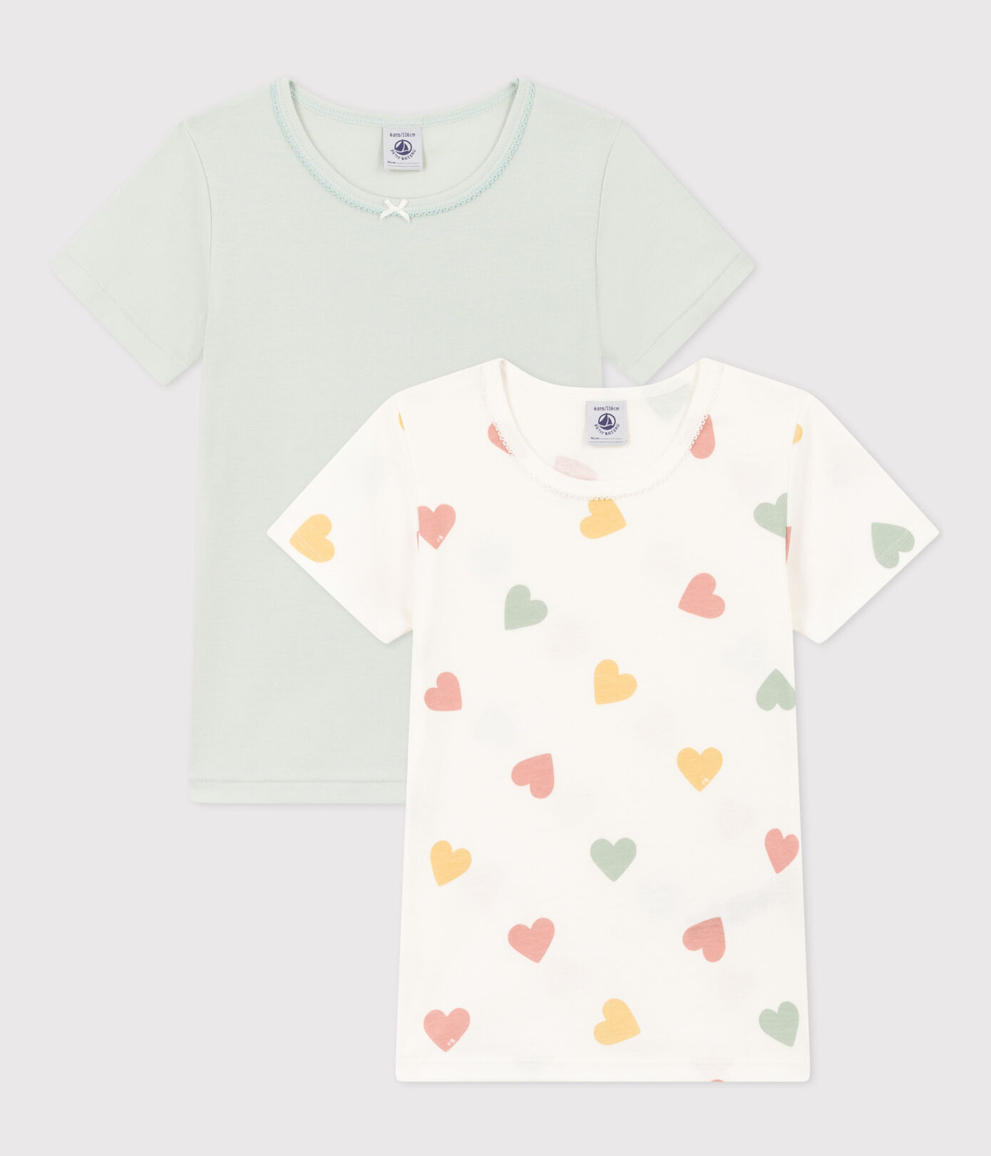 Petit Bateau / onderlijfjes met korte mouwen voor meisjes / 2 pack / hartjes