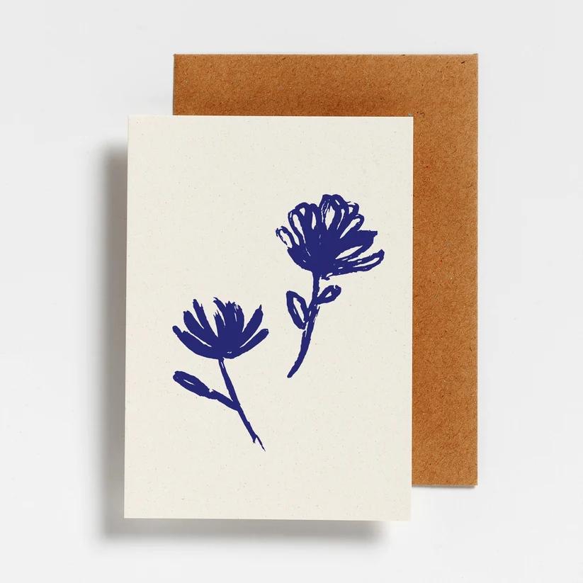 Hello August Wenskaart Blue Two Flowers