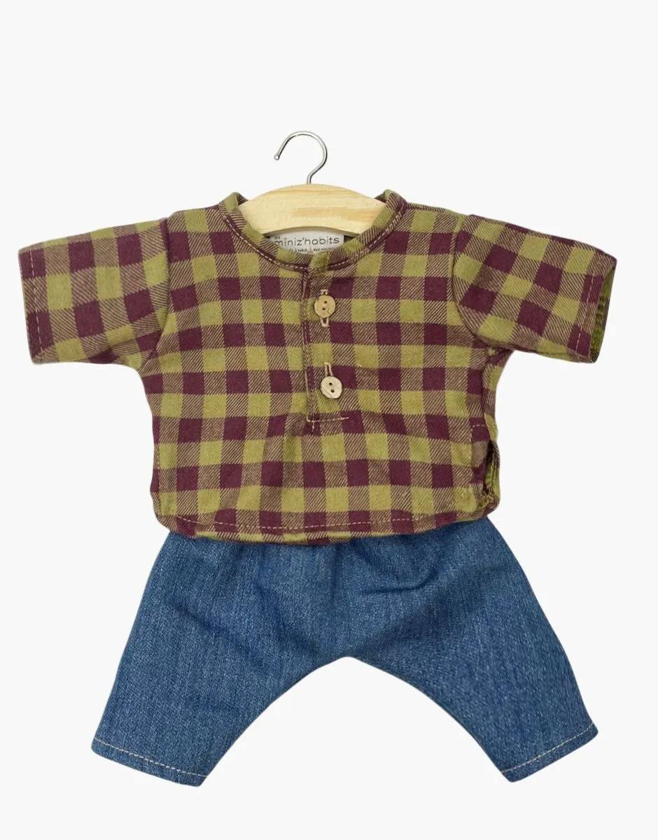 Minikane Ensemble Pop Hemd Geruit Olijf + Jeansbroek