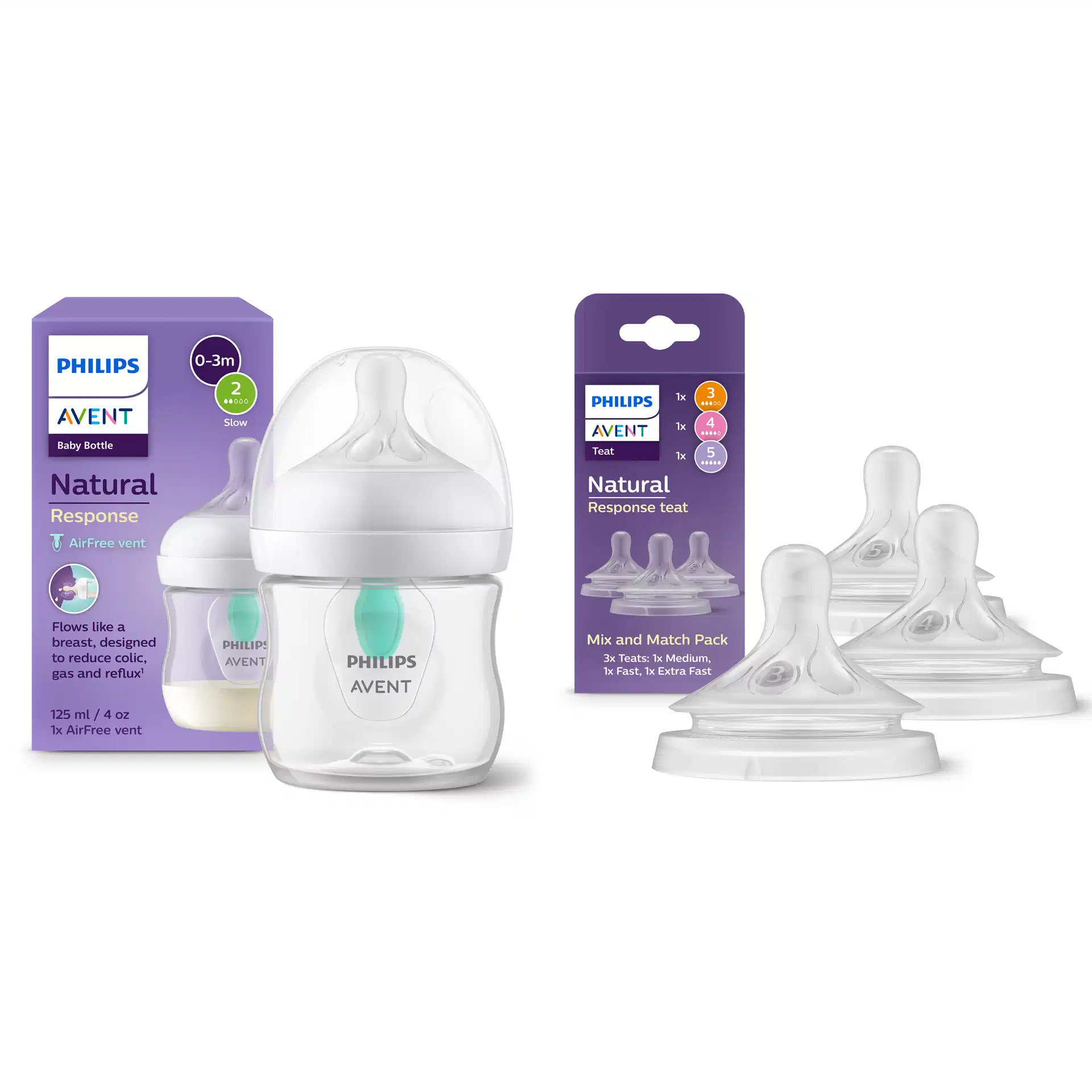Philips Avent Zuigfles Natural Response 3.0 Airfree - 125 ml + Multi Pack Zuigspenen 3 stuks maat 3-4-5