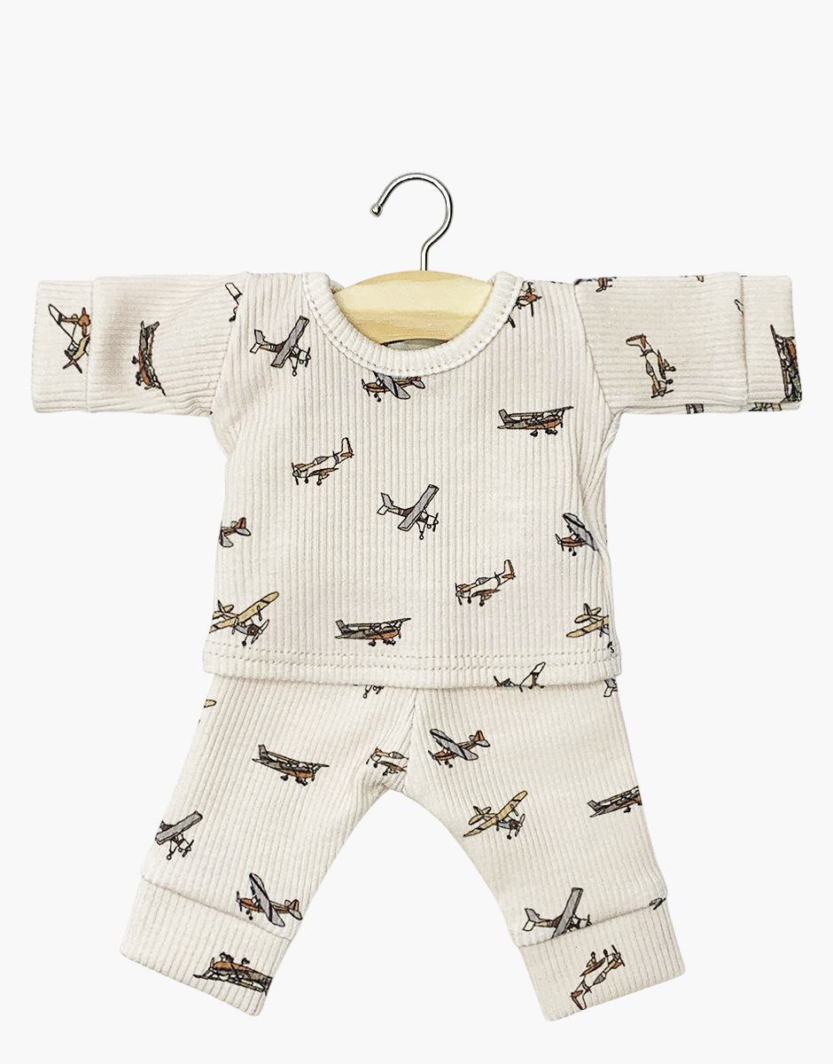 Minikane Babypop Kleertjes - Pyjama Morgan Rib Beige met Kleine Vliegtuigjes