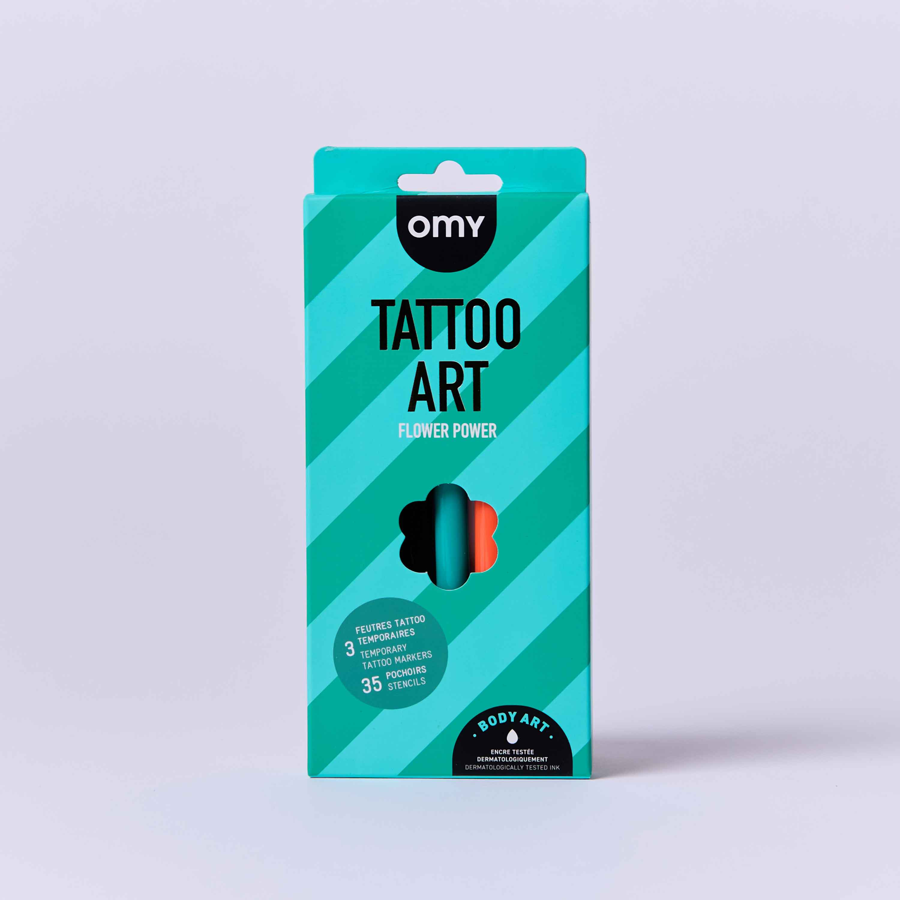 Omy Tattoo Art Flower Power - 3 Tattoo Markers - 35 Stencils - Body Art