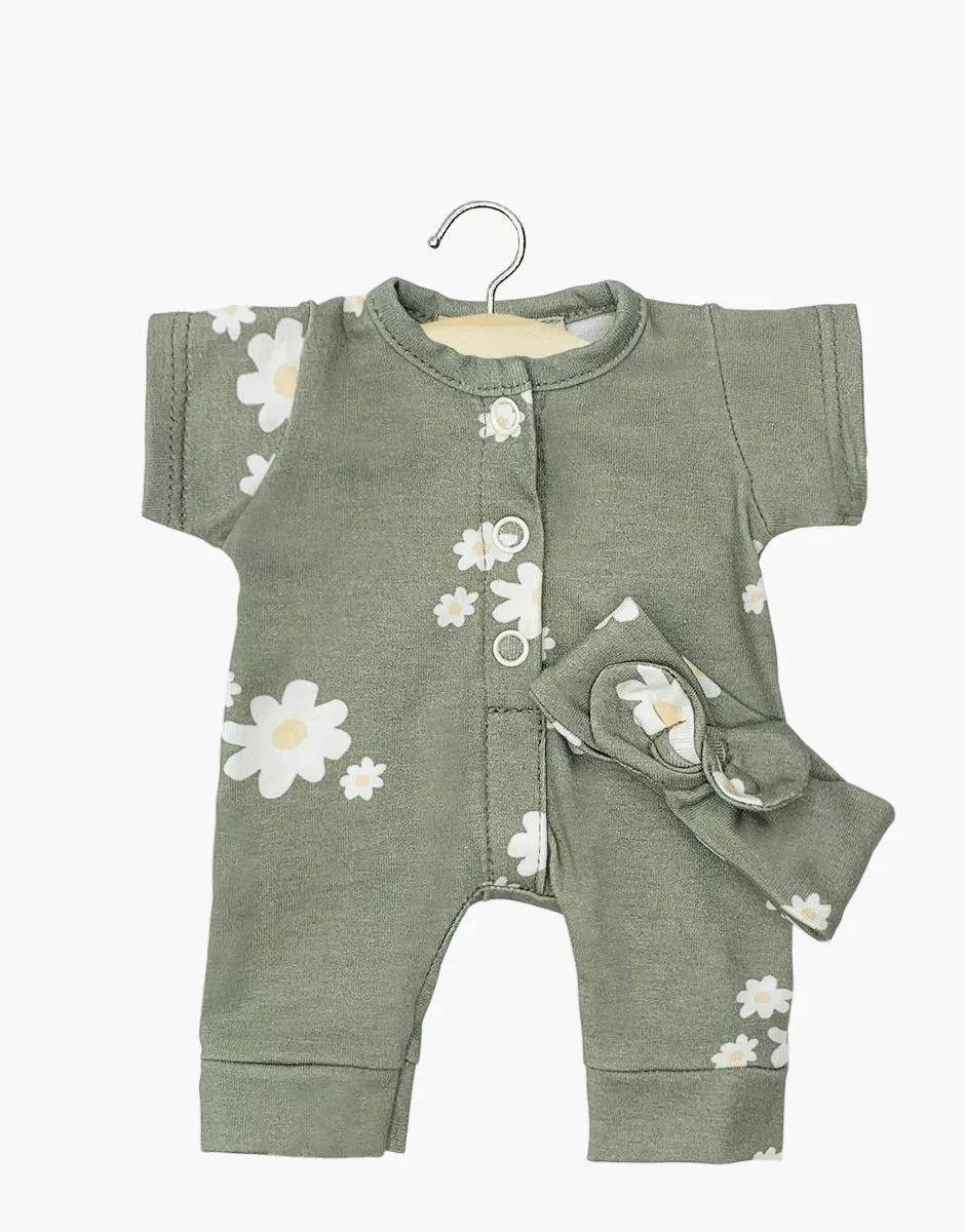 Minikane Babypop Kleertjes - Rompertje Lili & hoofdband Bloemen Khaki 28 cm