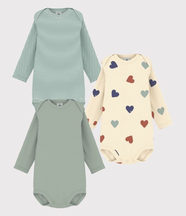 Petit Bateau Body Lm Hartjes Khaki-Creme - 3 stuks