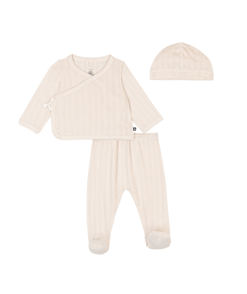 Petit Bateau 3-delig Setje T-shirt Lm + Broek + Muts Ecru