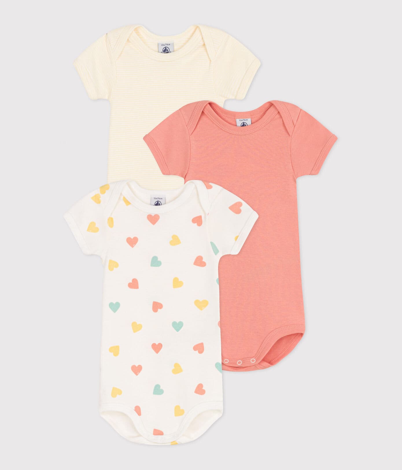 Petit Bateau Body Km Hartjes Gestreept Wit-Roze-Geel - 3 stuks