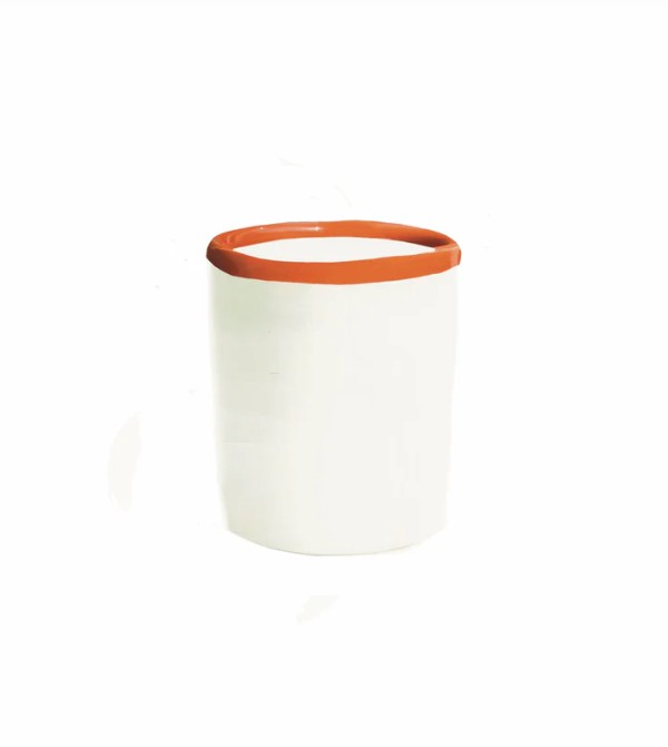 Val Pottery Foolish Koffietas Dark Orange Lines 7x8 cm - Handgemaakt Keramiek - zonder Oor