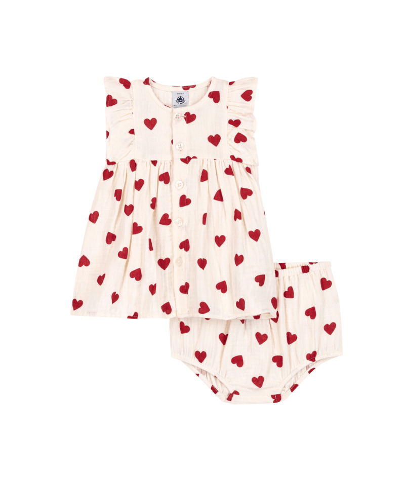 Petit Bateau Kleedje + Bloomer Hartjes Wit-Rood