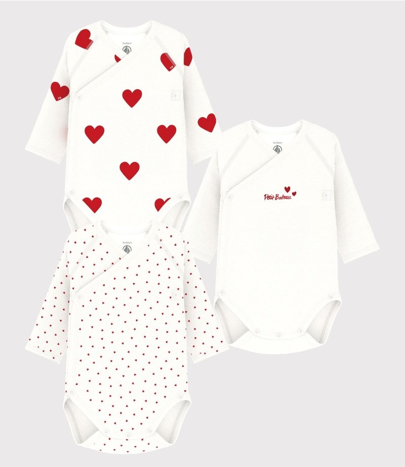 Petit Bateau Body Lm Baby  Hartjes Wit-Rood - 3 stuks - 12 maand