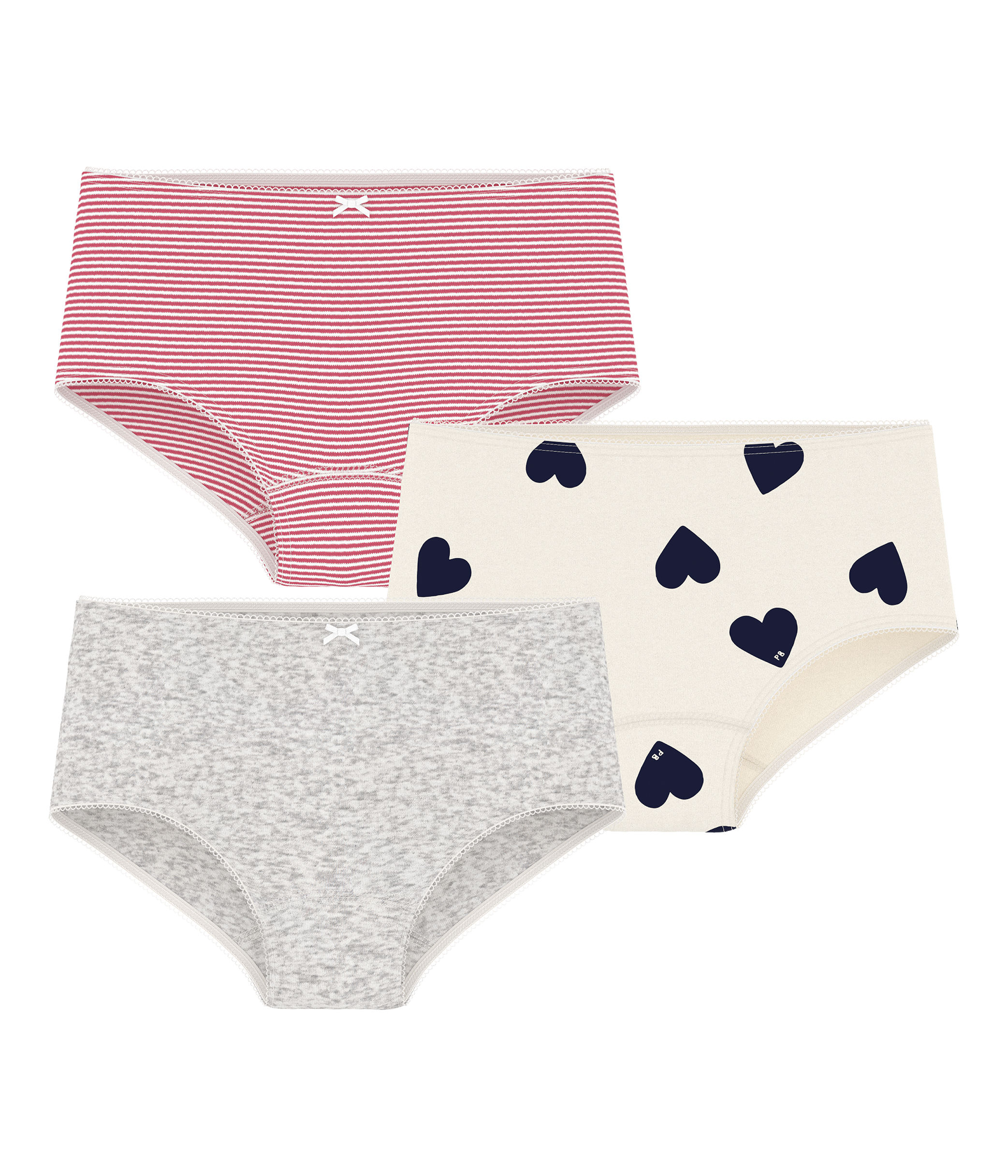 Petit Bateau Slip Meisjes Hartjes-Gestreept-Grijs 3 stuks