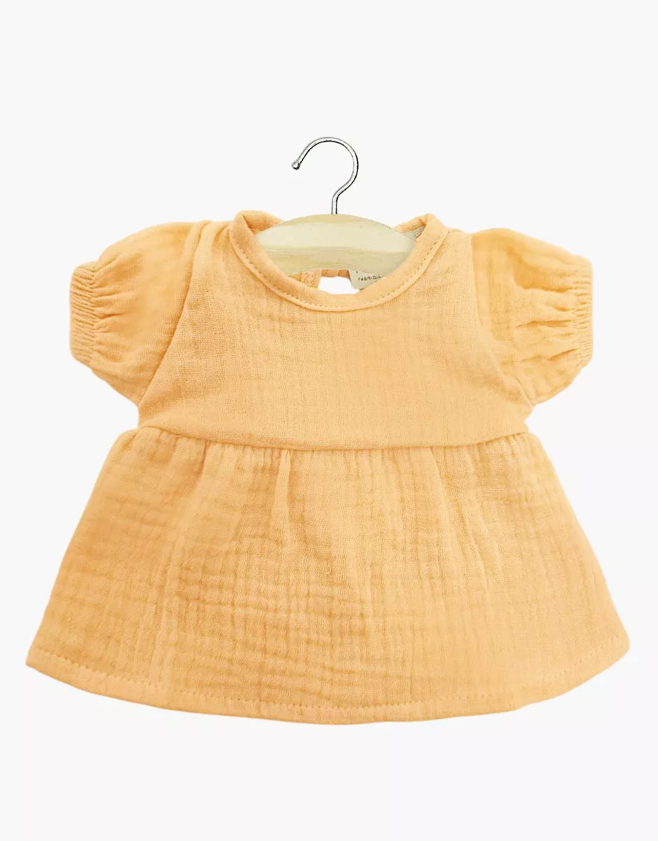 Minikane Babypop Kleertjes - Kleedje Faustine met Ballonmauwen in Katoen Abricot 28 cm