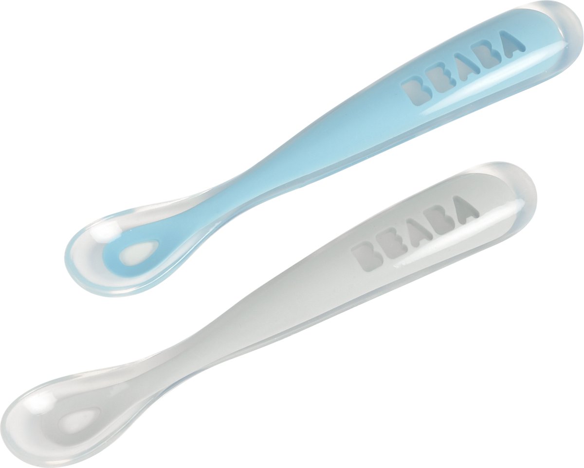 Beaba Lepel Silicone 1ste leeftijd met Reisetui Kiezel-Wolkenblauw - 2 stuks